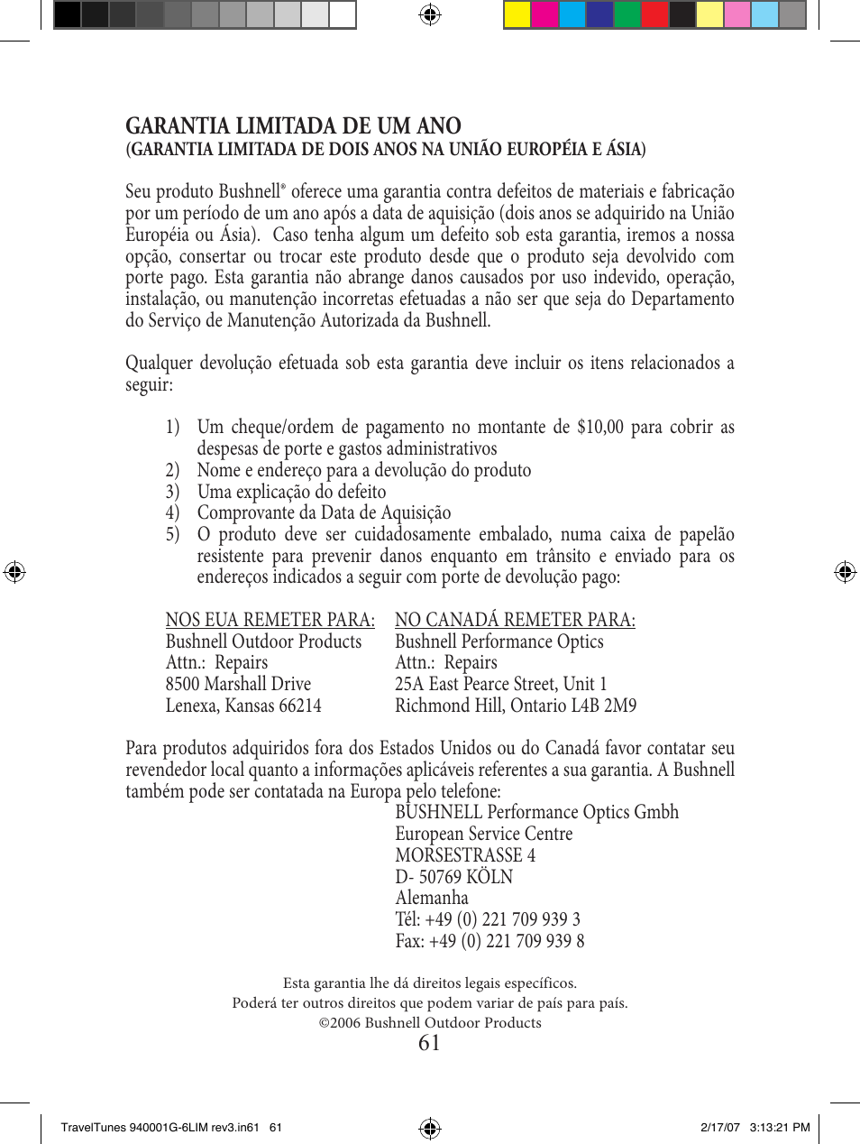 Garantia limitada de um ano | Bushnell 940001AP User Manual | Page 61 / 64
