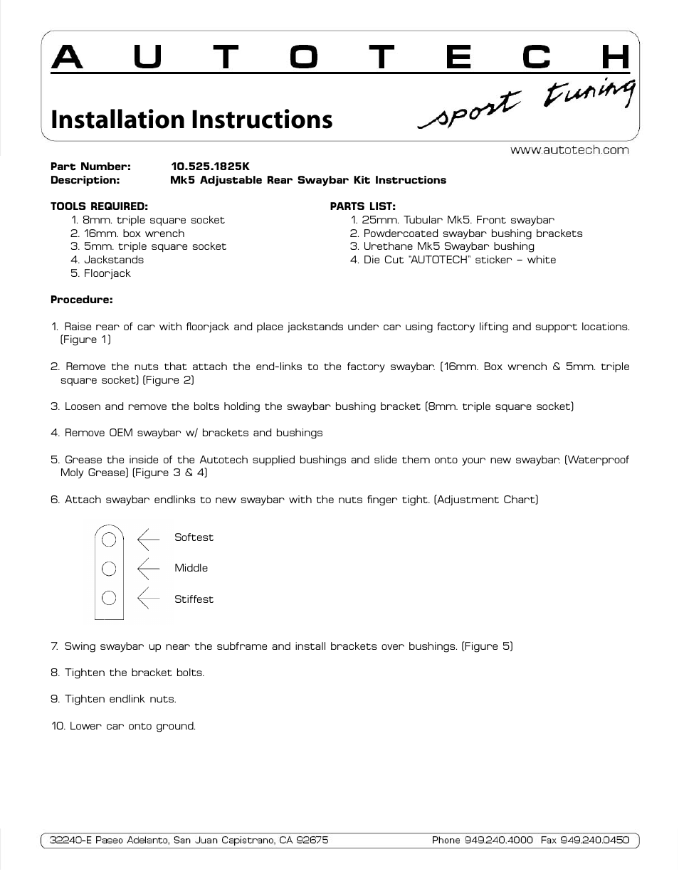 Autotech 10.525.1825K Rear 25mm ClubSport Adjustable Swaybar, Mk5 2.0T User Manual | 2 pages