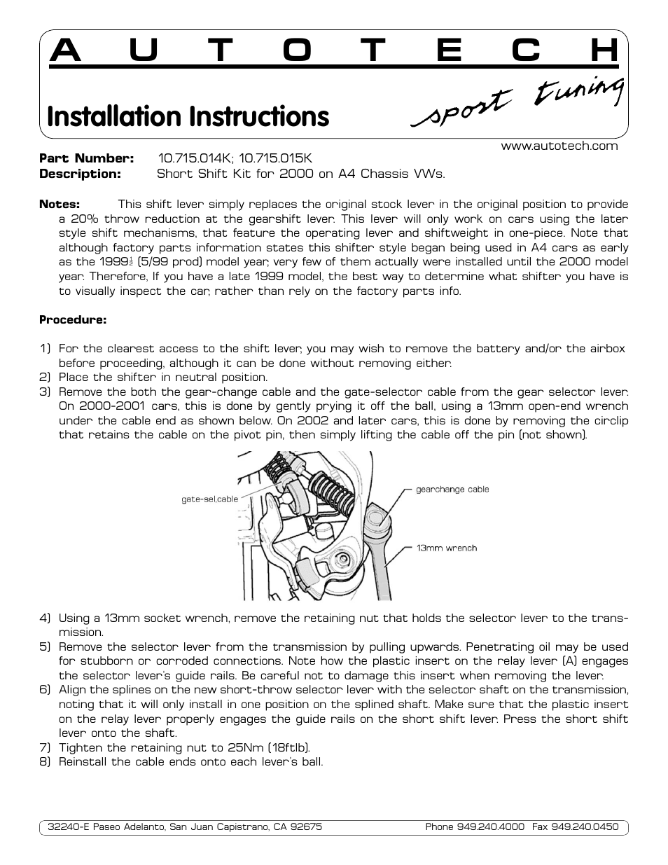 Autotech 10.715.014K/015K Short-Shift Lever, 2000-2005 Mk4 5-speed User Manual | 1 page