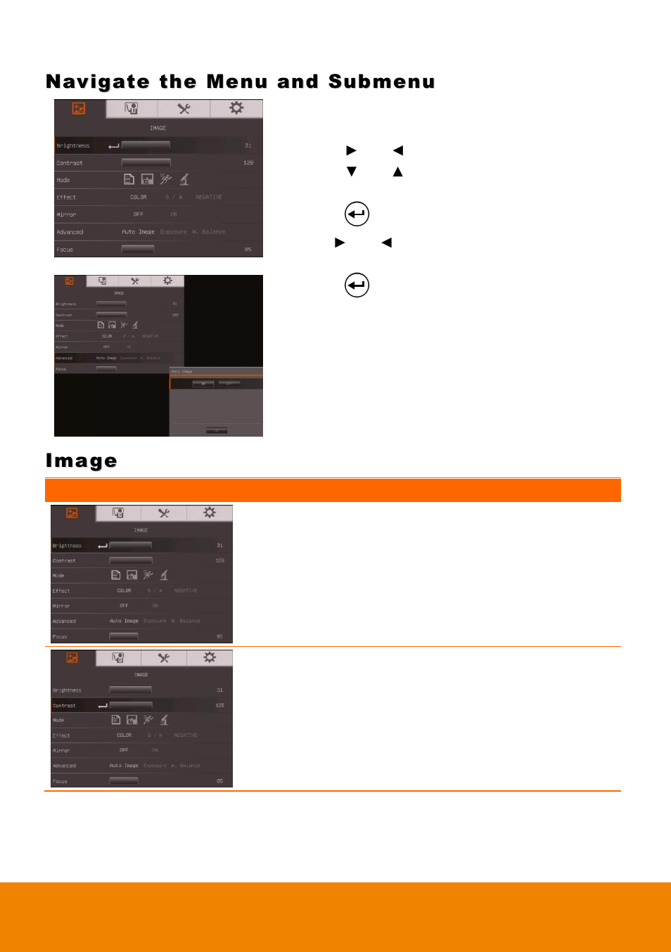Navigate the menu and submenu, Image, Brightness | Contrast | AVer F17HD+ User Manual | Page 26 / 40