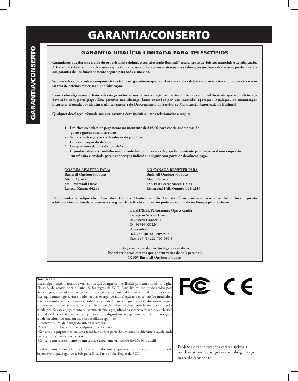 Garantia/conserto, Ga r antia/ c ons er to, Garantia vitalícia limitada para telescópios | Bushnell Discoverer User Manual | Page 113 / 116