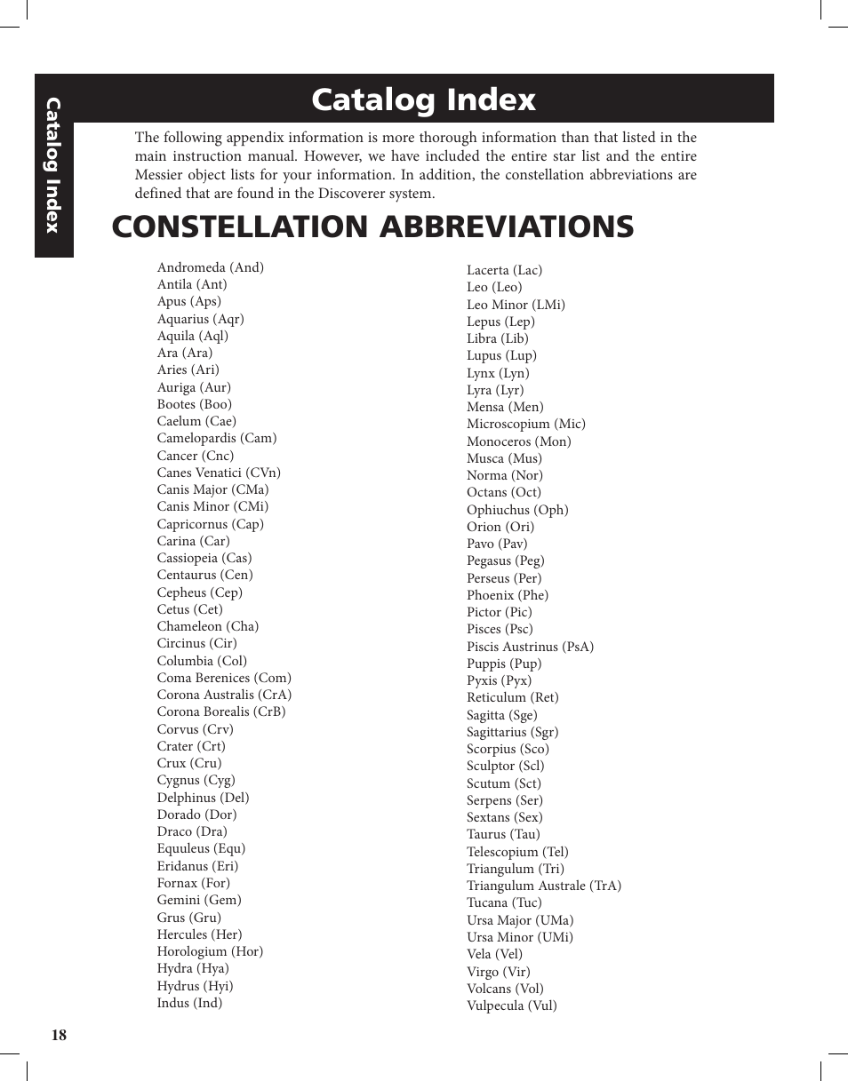 Constellation abbreviations catalog index, Catalog index | Bushnell Discoverer User Manual | Page 18 / 116