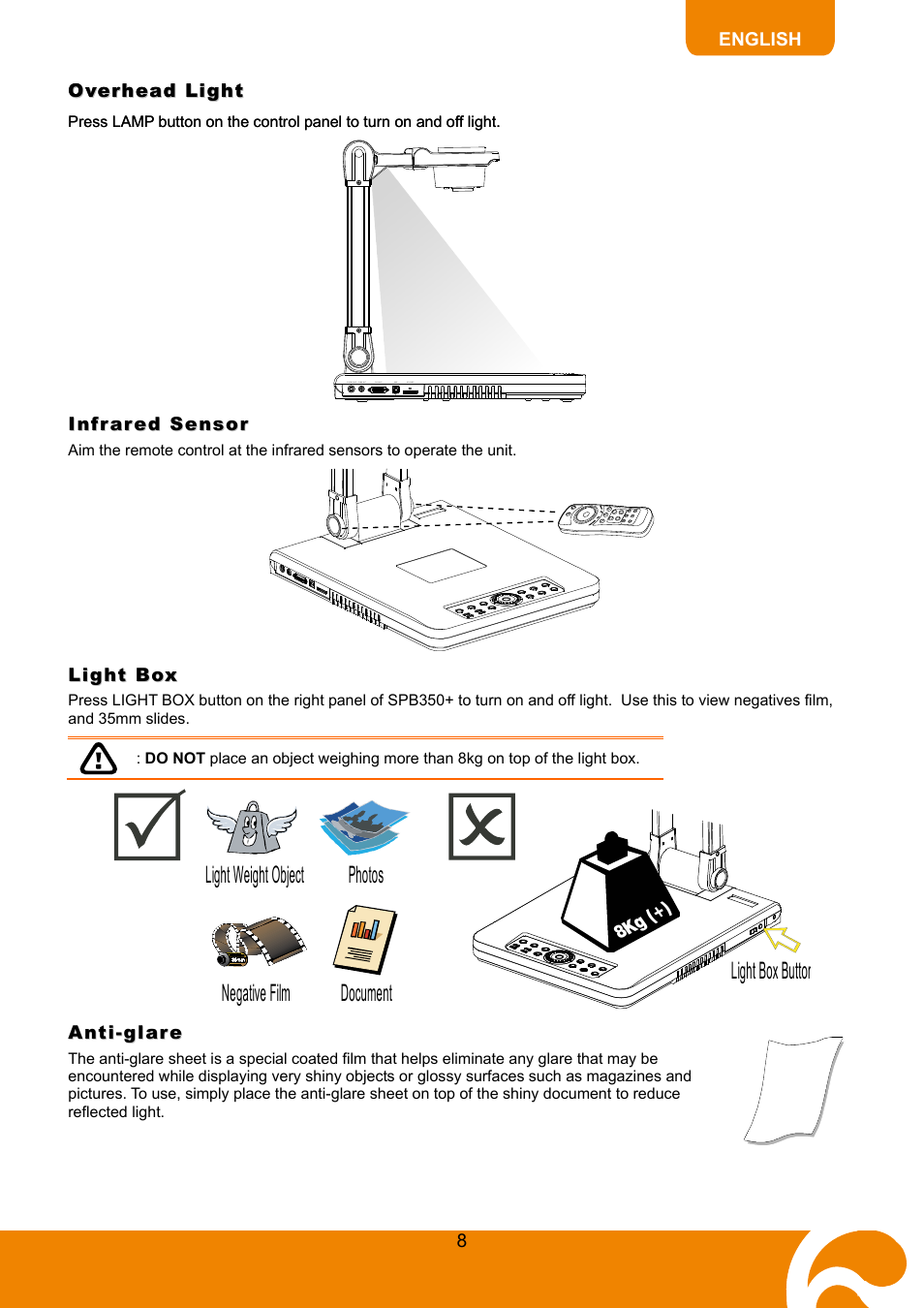 Making the connections, Overhead light, Infrared sensor | Light box, Anti-glare | AVer SPB350+ User Manual | Page 10 / 24
