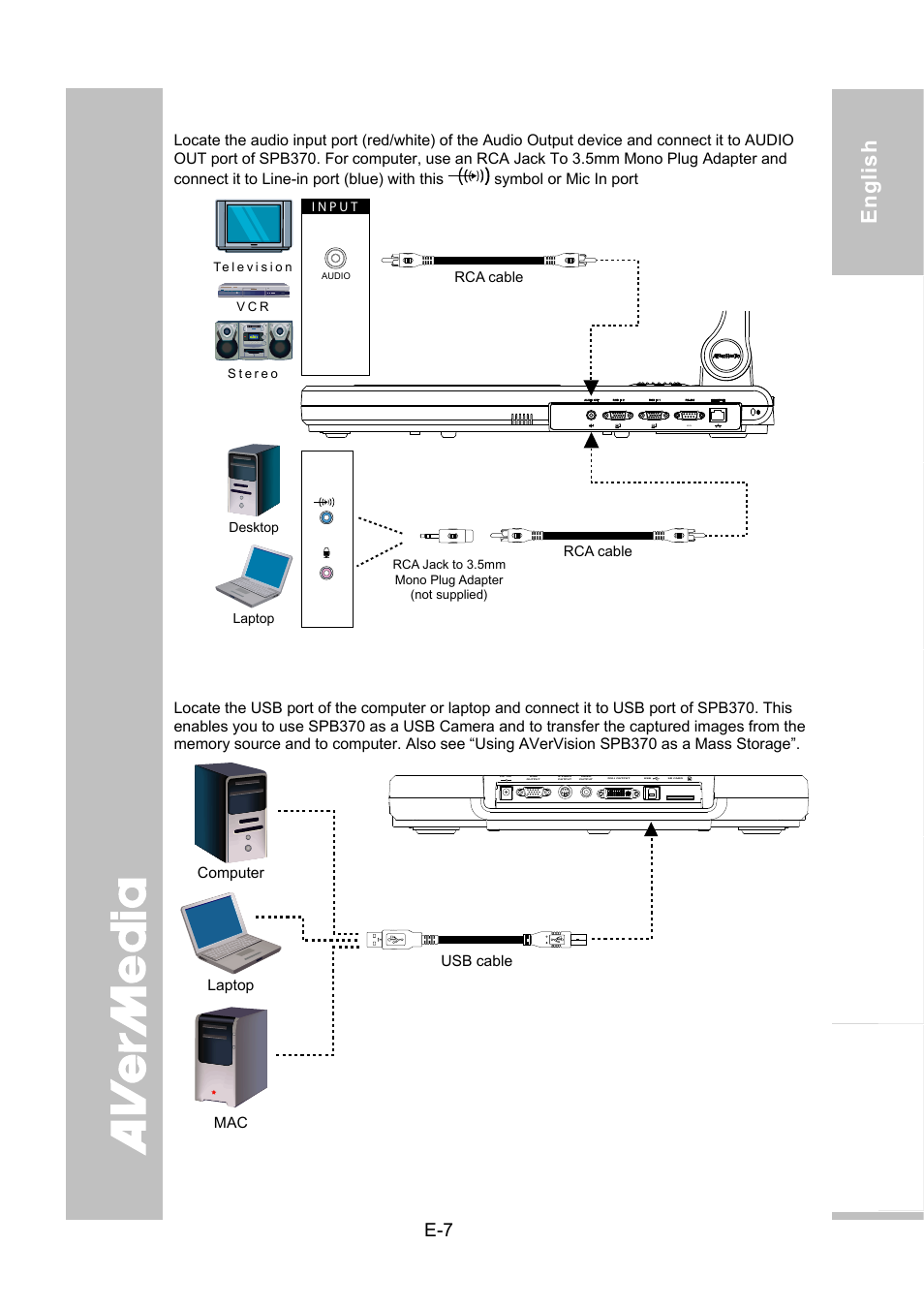 Connecting to audio output device, Connecting a computer via usb connection | AVer SPB370 user manual User Manual | Page 11 / 27