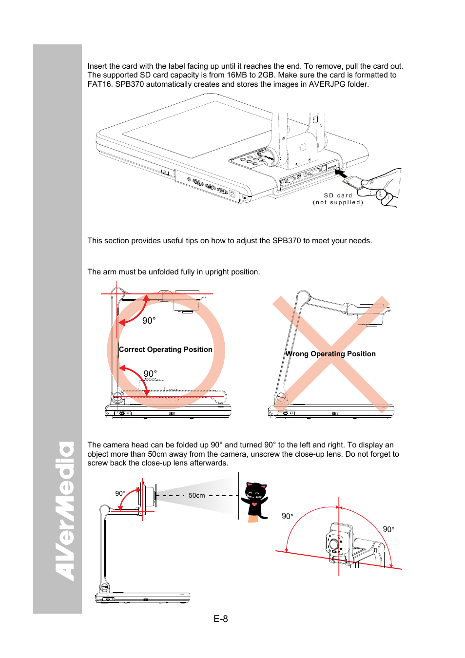 Inserting and ejecting a sd card, Setting up spb370, Camera head | AVer SPB370 user manual User Manual | Page 12 / 27