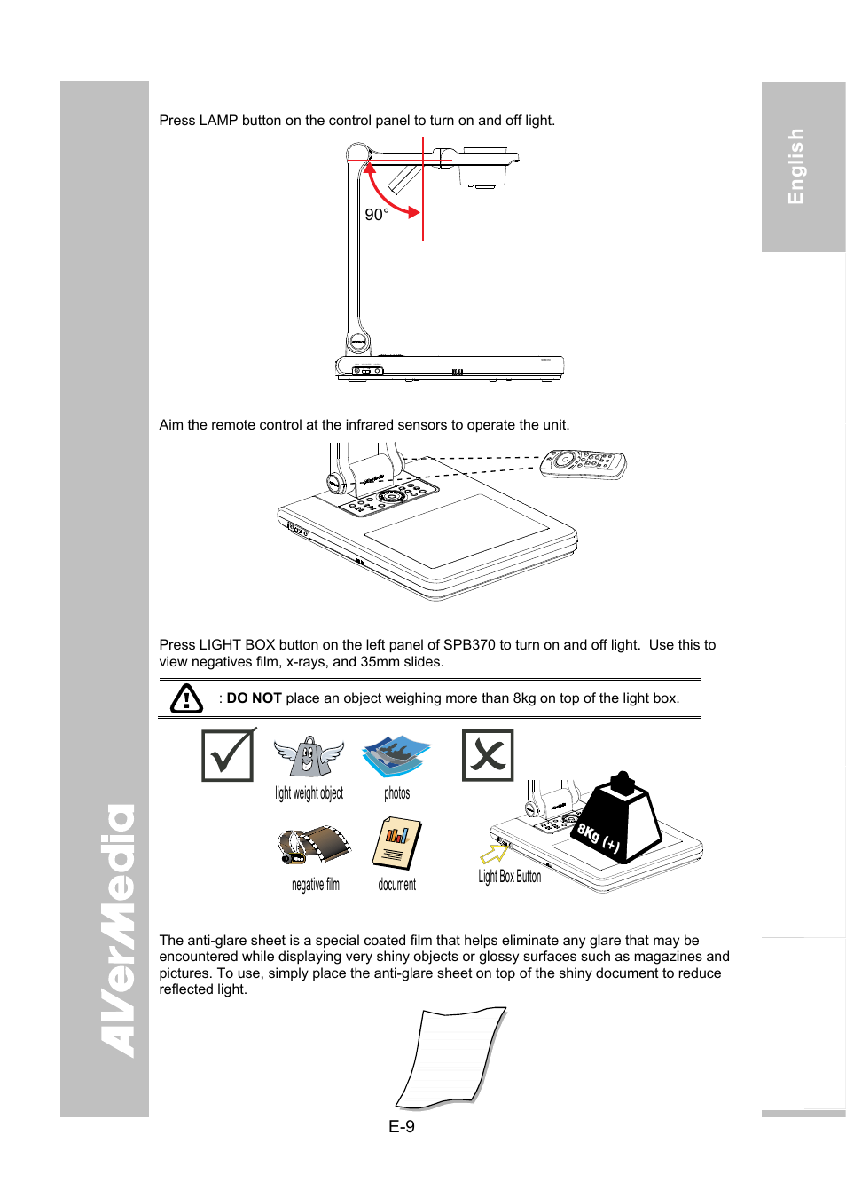 Overhead light, Infrared sensor, Light box | Anti-glare | AVer SPB370 user manual User Manual | Page 13 / 27