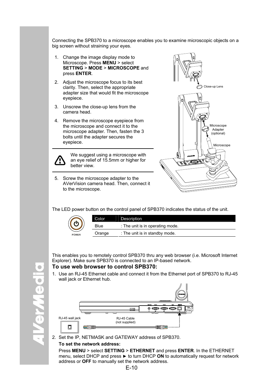 Microscope connection, Control panel light color, Using web browser to control spb370 | AVer SPB370 user manual User Manual | Page 14 / 27