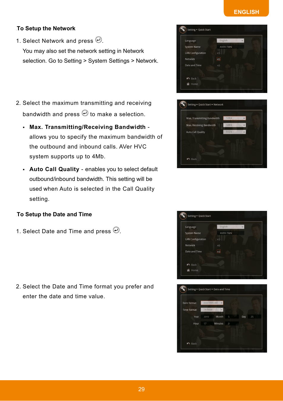 To setup the network to setup the date and time | AVer HVC130 user manual User Manual | Page 33 / 74