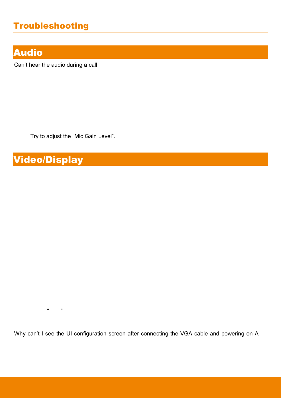 Audio, Video/display, Troubleshooting | AVer EVC900 User Manual | Page 80 / 93