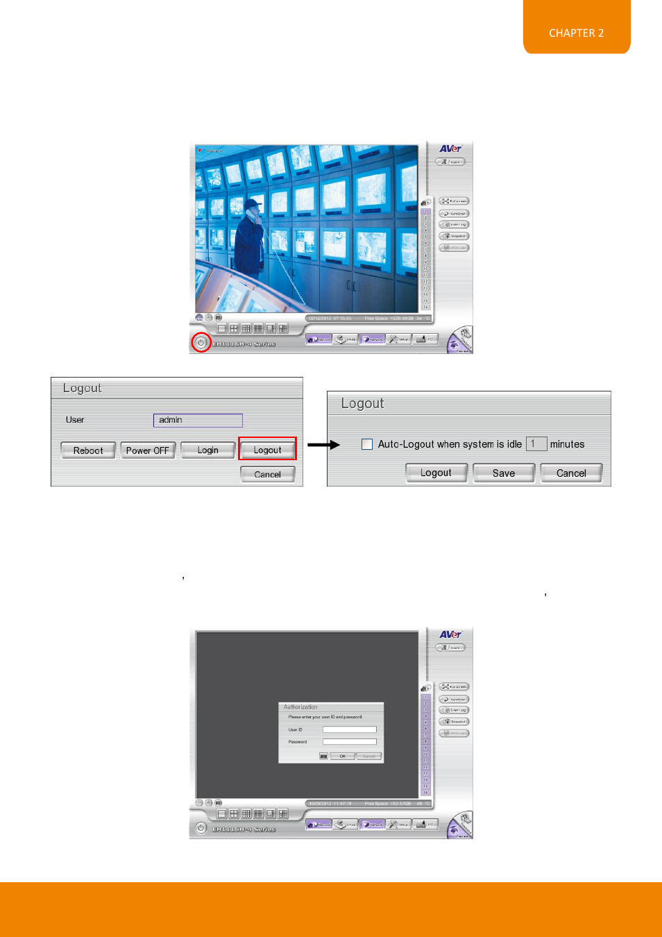 To setup dvr system logout time, Chapter 2.2.1, 1 to setup dvr system logout time | AVer EH11116H-4 series user manual User Manual | Page 49 / 159