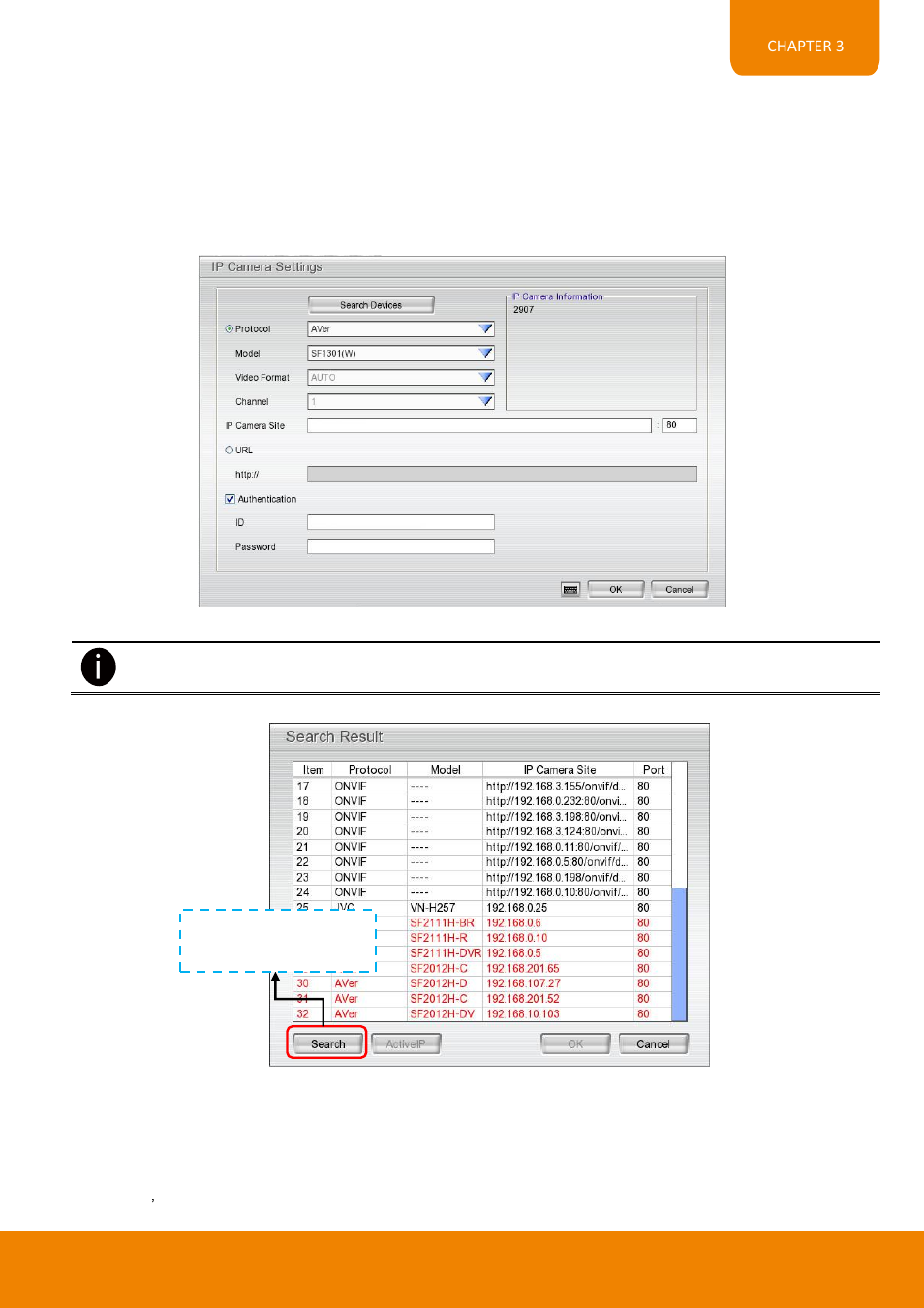 1 using search device to connect ip camera, Using search device to connect ip camera | AVer EH11116H-4 series user manual User Manual | Page 79 / 159