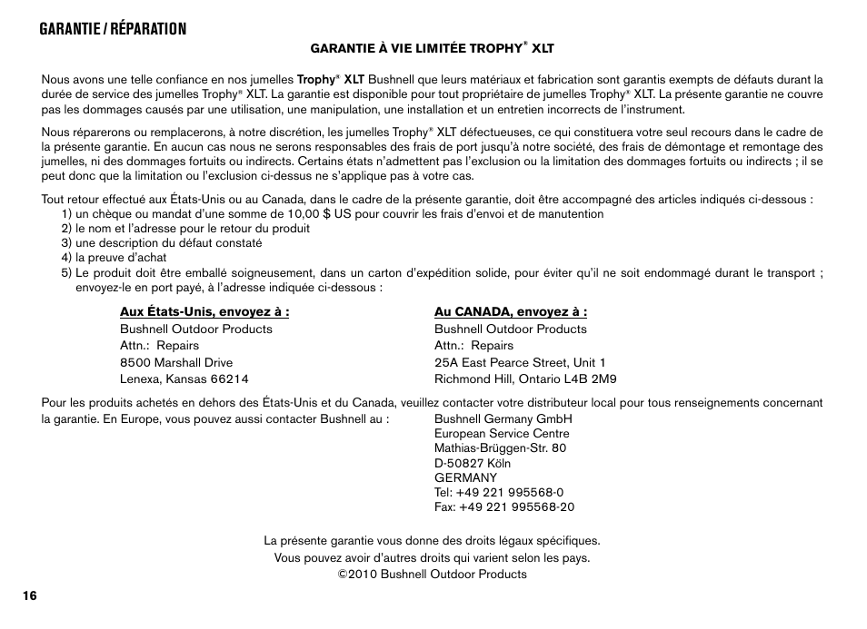 Garantie / réparation | Bushnell TROPHY XLT User Manual | Page 16 / 36