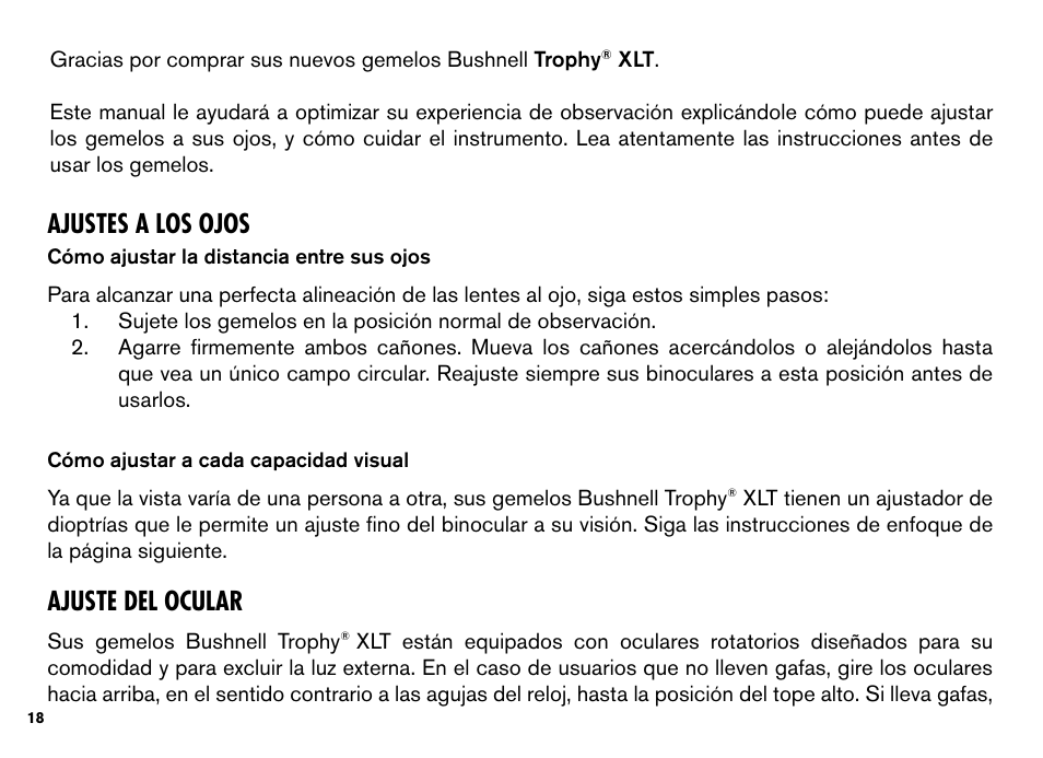 Ajustes a los ojos, Ajuste del ocular | Bushnell TROPHY XLT User Manual | Page 18 / 36