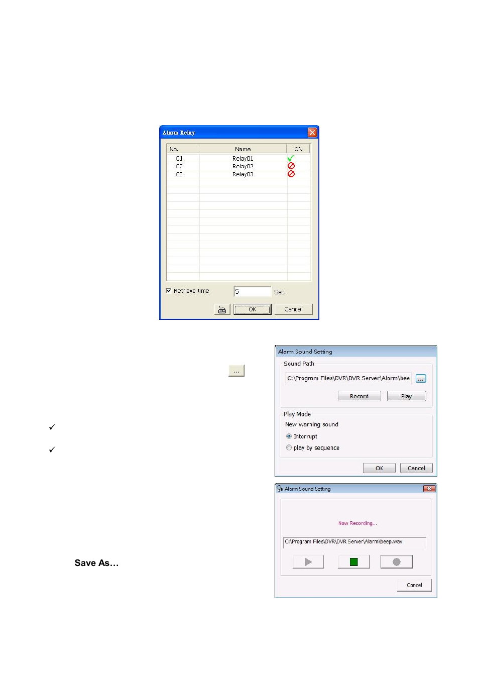 To setup alarm relay, To setup the alarm sound setting, Chapter 5.9.2 | Chapter 5.9.3 | AVer NXU8000 User Manual | Page 180 / 277