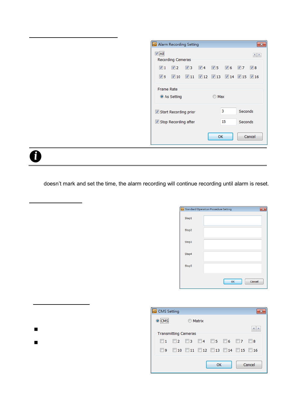 To setup alarm, Recording, To setup alarm sop | To setup cms setting | AVer NXU8000 User Manual | Page 228 / 277