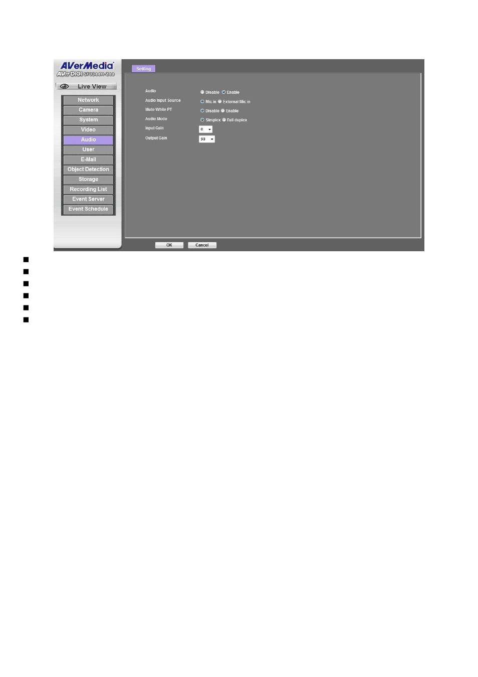 Audio: audio parameters | AVer SF0311H-Z10 IP Cam User Manual | Page 49 / 82