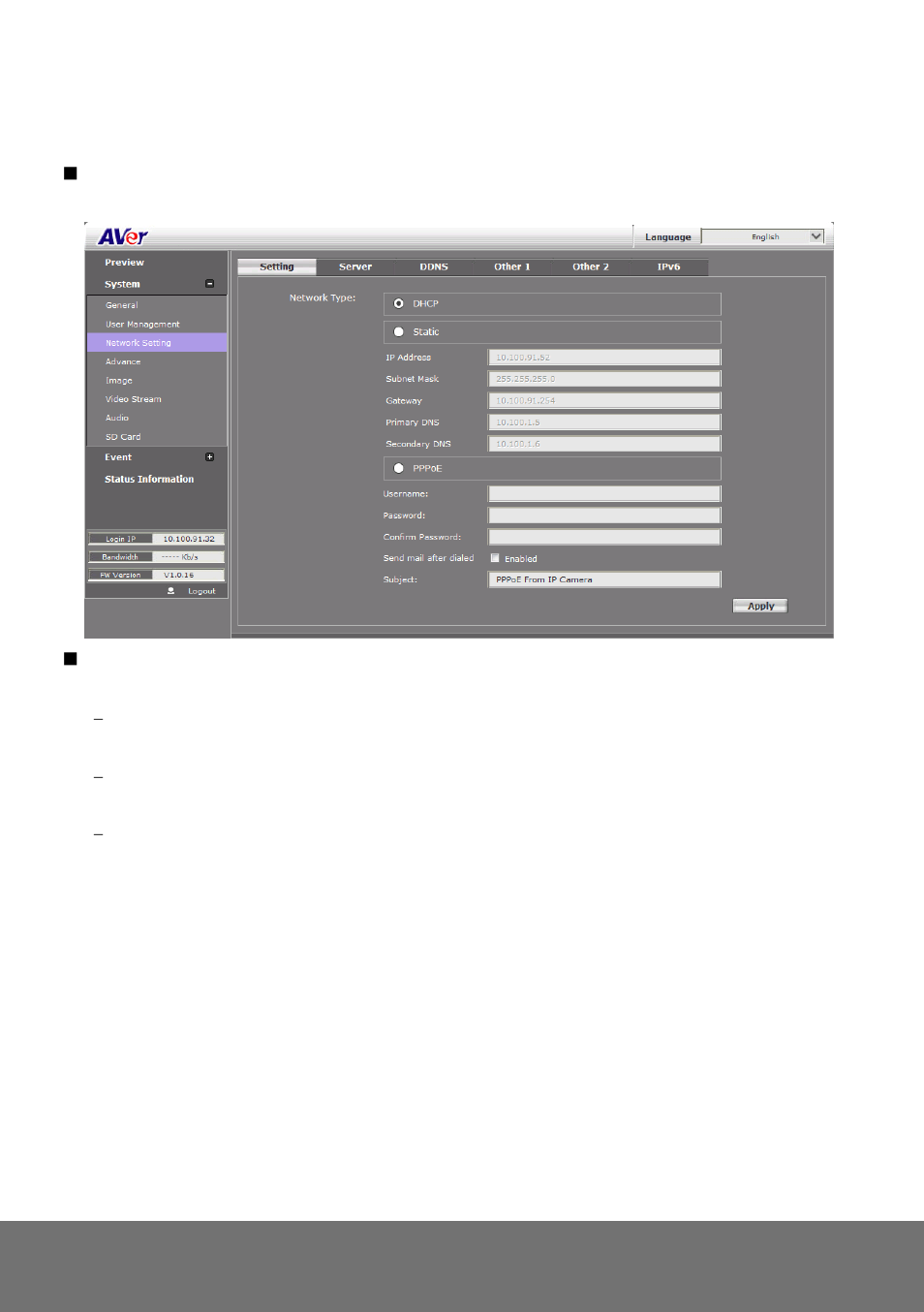 System > network setting > setting, Ystem, Etwork | Etting | AVer SD1306 user manual User Manual | Page 35 / 76