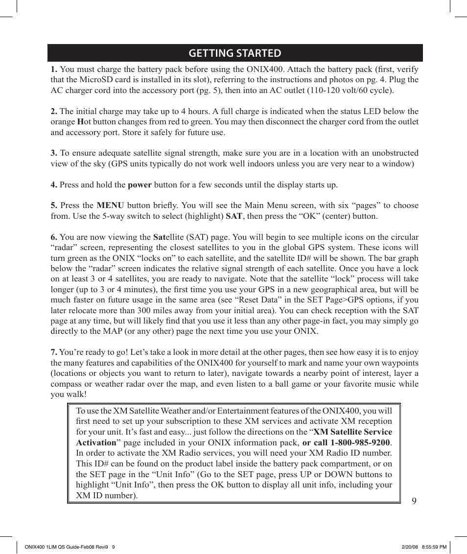 Getting started | Bushnell ONIX 400 364000 User Manual | Page 9 / 28