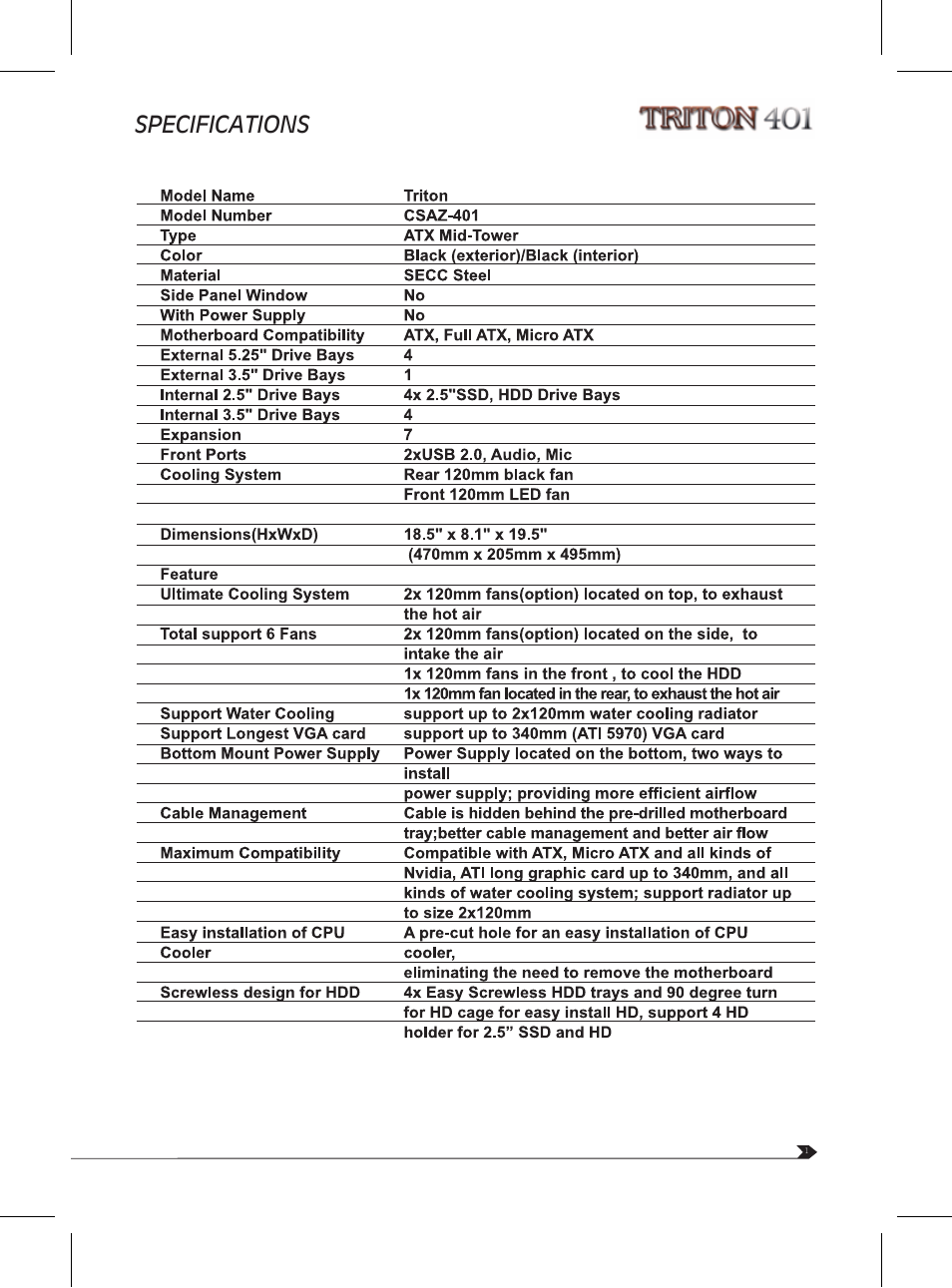 Specifications | AZZA Triton 401 User Manual | Page 3 / 10