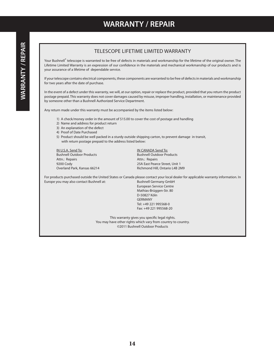 Warranty / repair, Wa rr an ty / rep a ir, Telescope lifetime limited warranty | Bushnell VOYAGER 789946 User Manual | Page 14 / 76