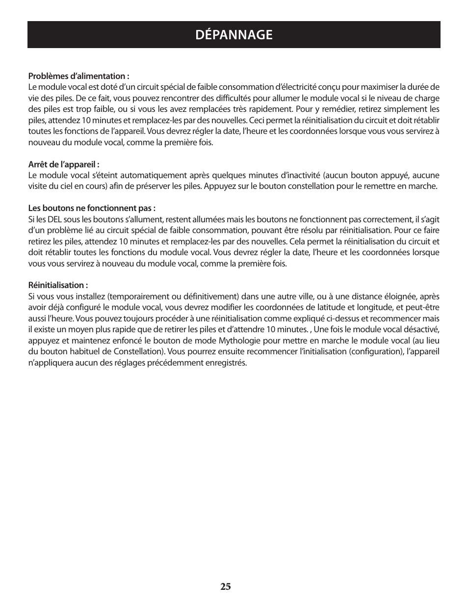 Dépannage | Bushnell VOYAGER 789946 User Manual | Page 25 / 76