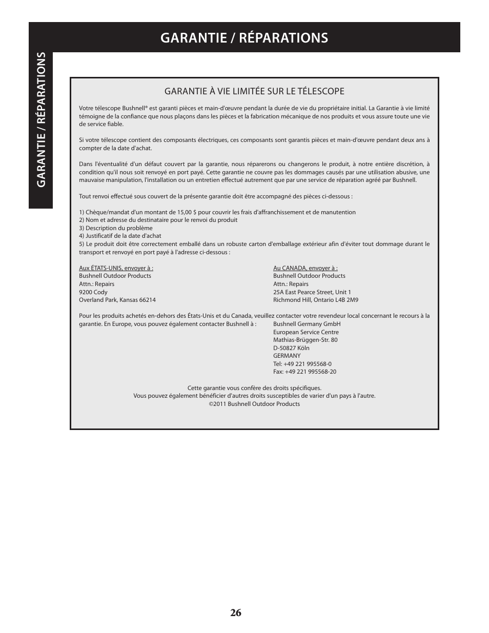 Garantie / réparations, Ga ran tie / ré pa ra tio n s, Garantie à vie limitée sur le télescope | Bushnell VOYAGER 789946 User Manual | Page 26 / 76