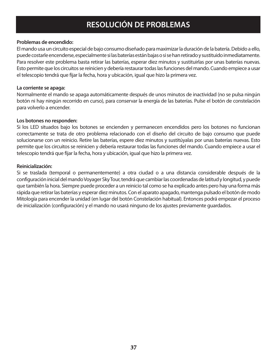 Resolución de problemas | Bushnell VOYAGER 789946 User Manual | Page 37 / 76