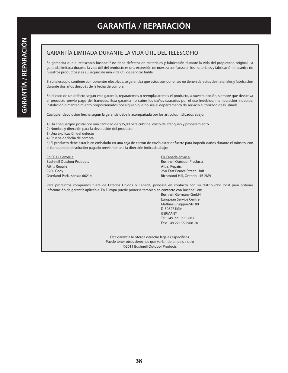 Garantía / reparación, Ga ran tía / rep a ra ci ón | Bushnell VOYAGER 789946 User Manual | Page 38 / 76