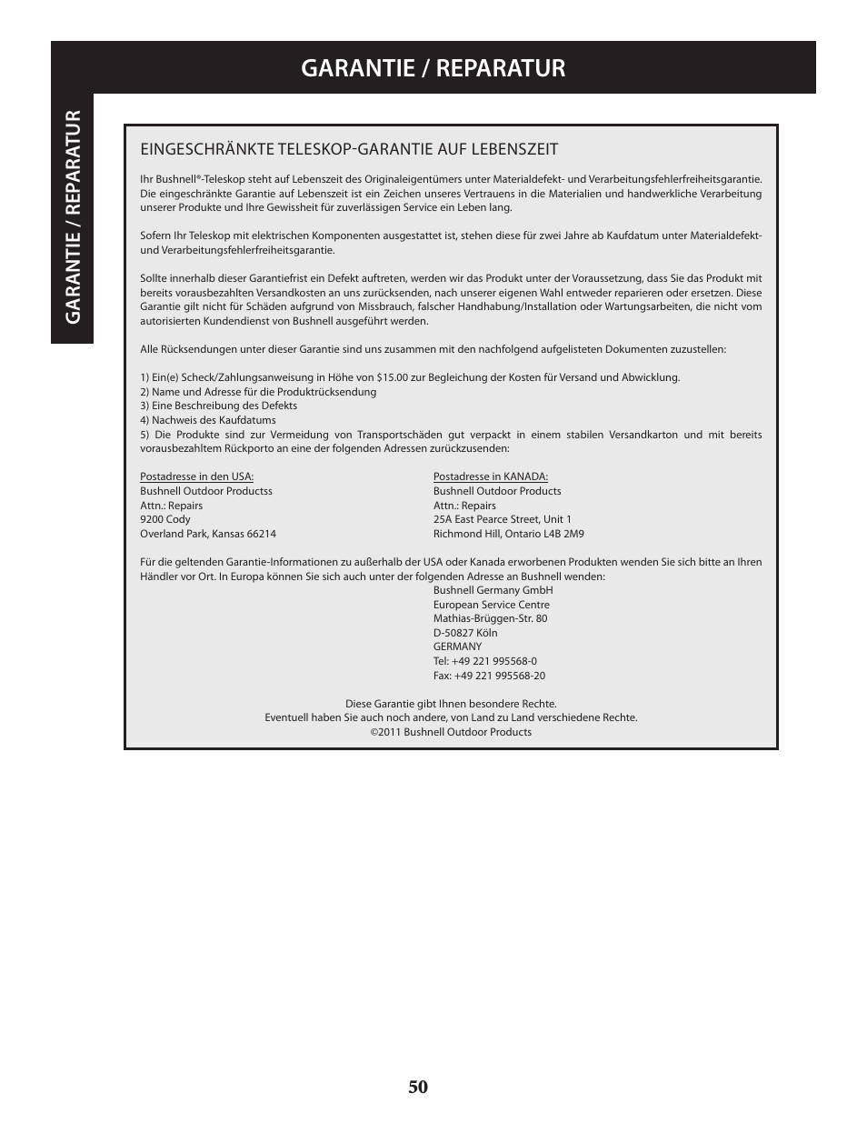 Garantie / reparatur, Ga ran tie / rep a ra tur, Eingeschränkte teleskop-garantie auf lebenszeit | Bushnell VOYAGER 789946 User Manual | Page 50 / 76