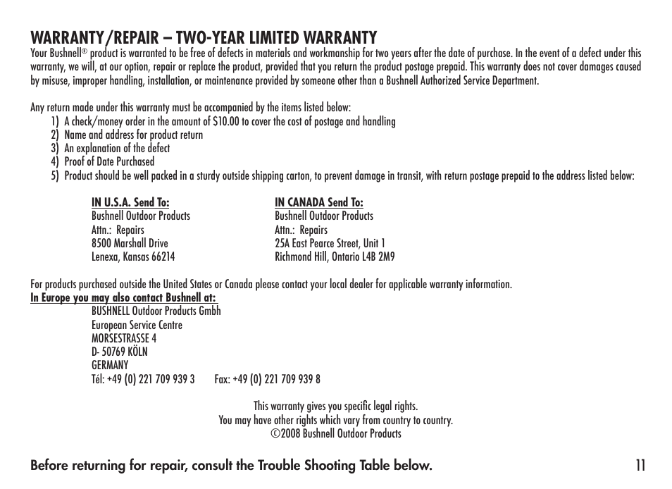 Warranty/repair – two-year limited warranty | Bushnell 98-1214/05-08 User Manual | Page 11 / 76