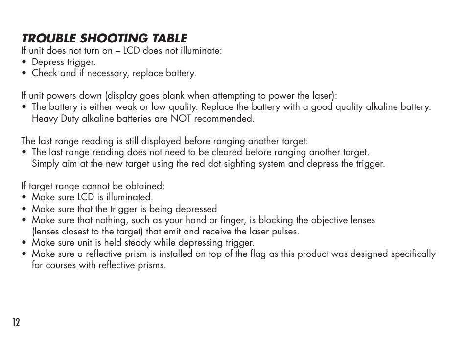 Trouble shooting table | Bushnell 98-1214/05-08 User Manual | Page 12 / 76
