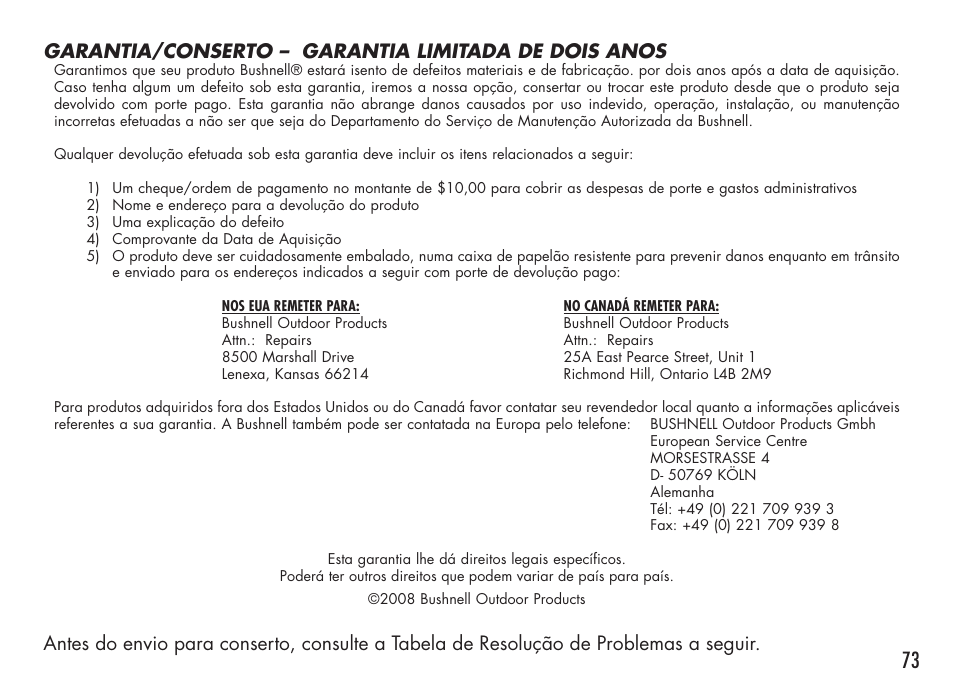 Garantia/conserto – garantia limitada de dois anos | Bushnell 98-1214/05-08 User Manual | Page 73 / 76