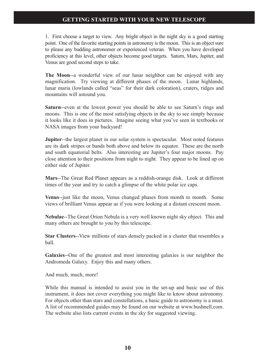 Bushnell Voyager Sky Tour 78-9970 User Manual | Page 10 / 74