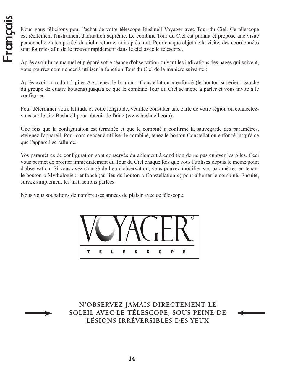 Français | Bushnell Voyager Sky Tour 78-9970 User Manual | Page 14 / 74