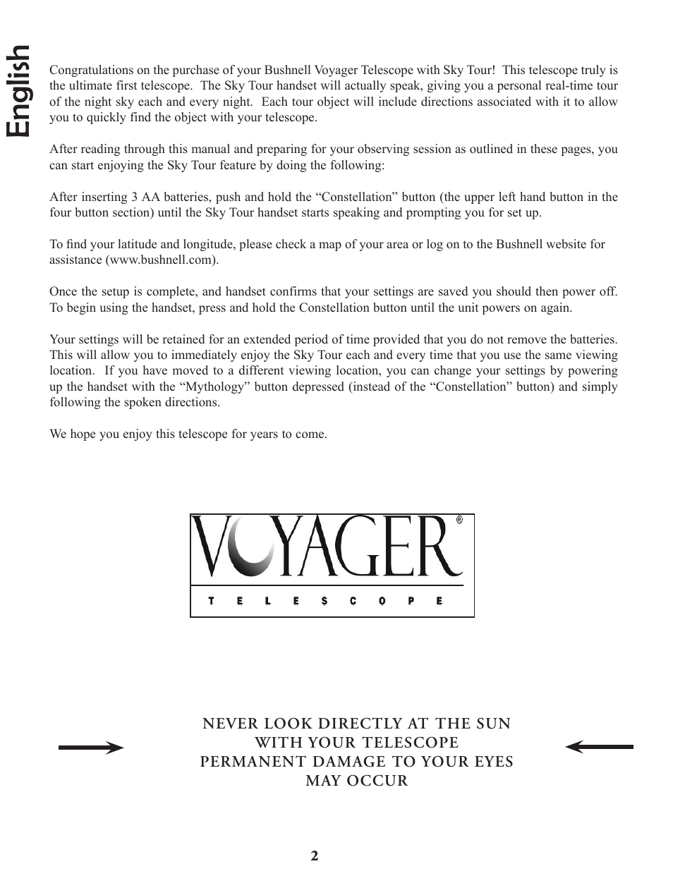 English | Bushnell Voyager Sky Tour 78-9970 User Manual | Page 2 / 74