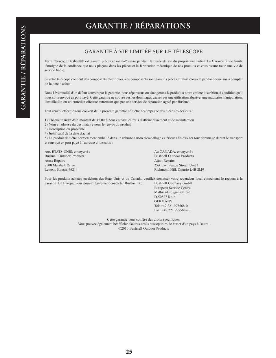 Garantie / réparations, Ga r an tie / ré pa r atio n s, Garantie à vie limitée sur le télescope | Bushnell Voyager Sky Tour 78-9970 User Manual | Page 25 / 74