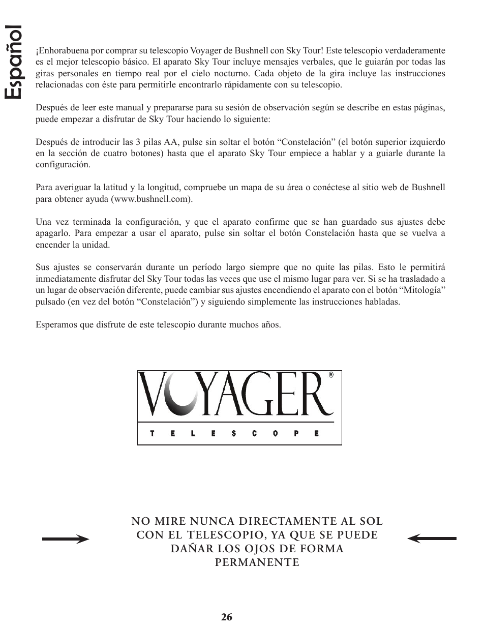 Español | Bushnell Voyager Sky Tour 78-9970 User Manual | Page 26 / 74
