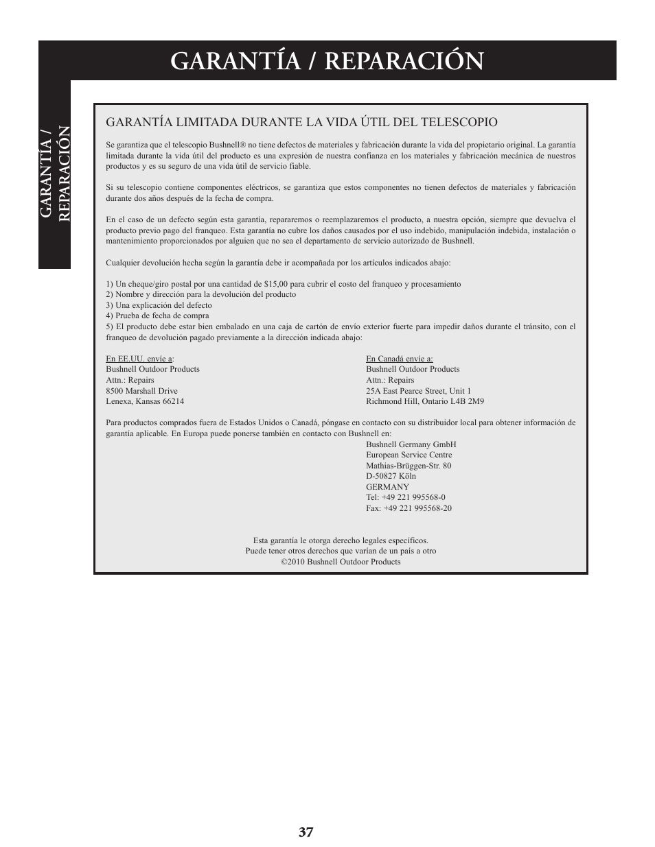 Garantía / reparación | Bushnell Voyager Sky Tour 78-9970 User Manual | Page 37 / 74