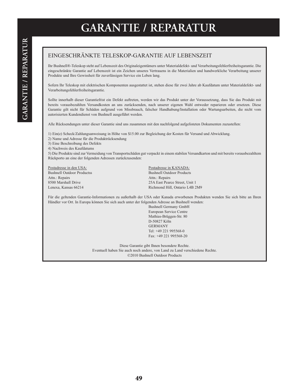 Garantie / reparatur, Ga r an tie / rep a r atur, Eingeschränkte teleskop-garantie auf lebenszeit | Bushnell Voyager Sky Tour 78-9970 User Manual | Page 49 / 74