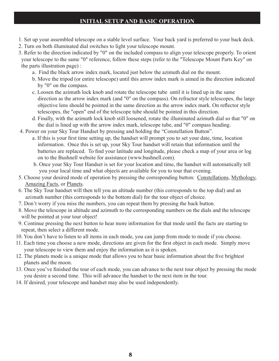 Bushnell Voyager Sky Tour 78-9970 User Manual | Page 8 / 74