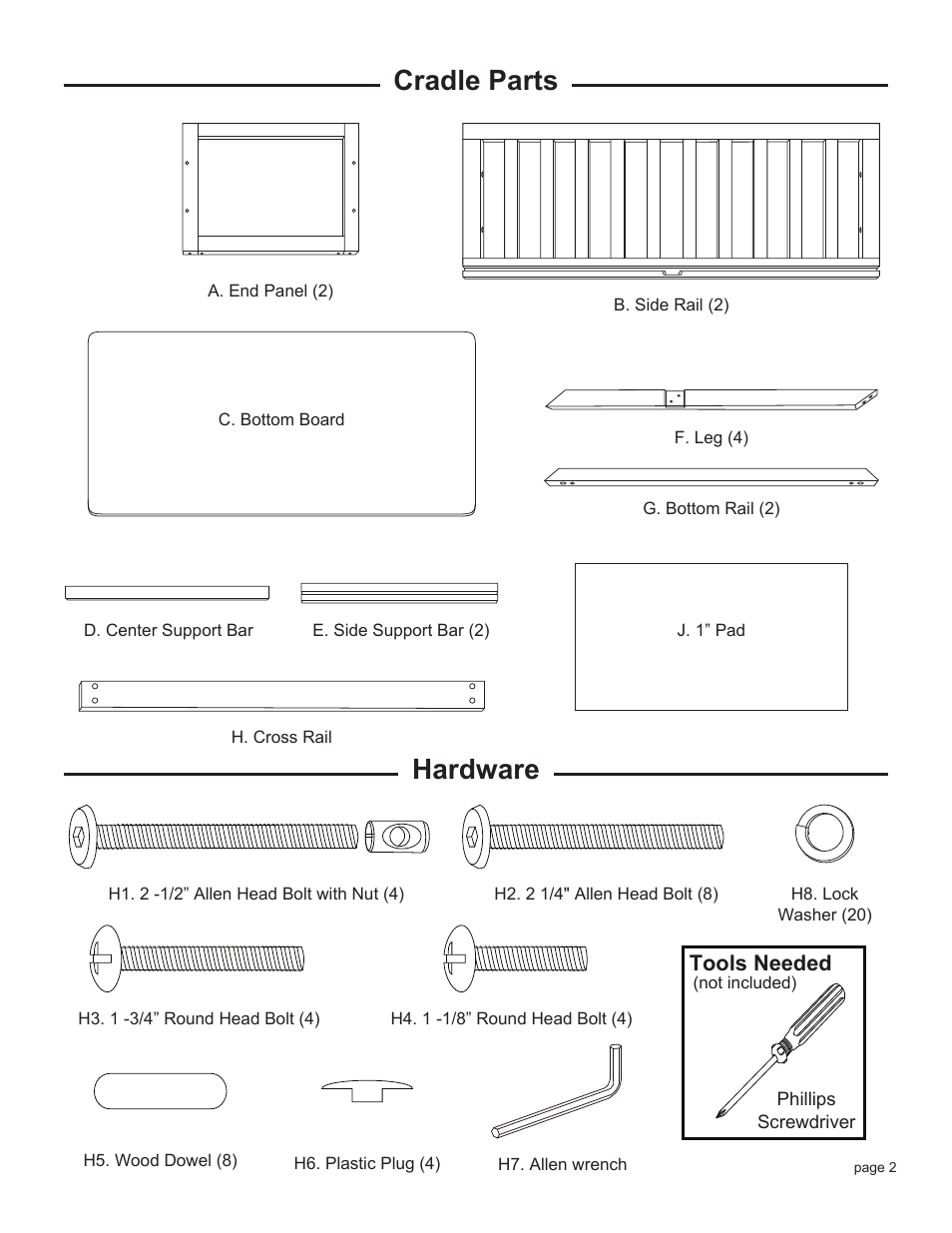 Cradle parts hardware | Babyletto Bowery Bassinet Crib User Manual | Page 2 / 7