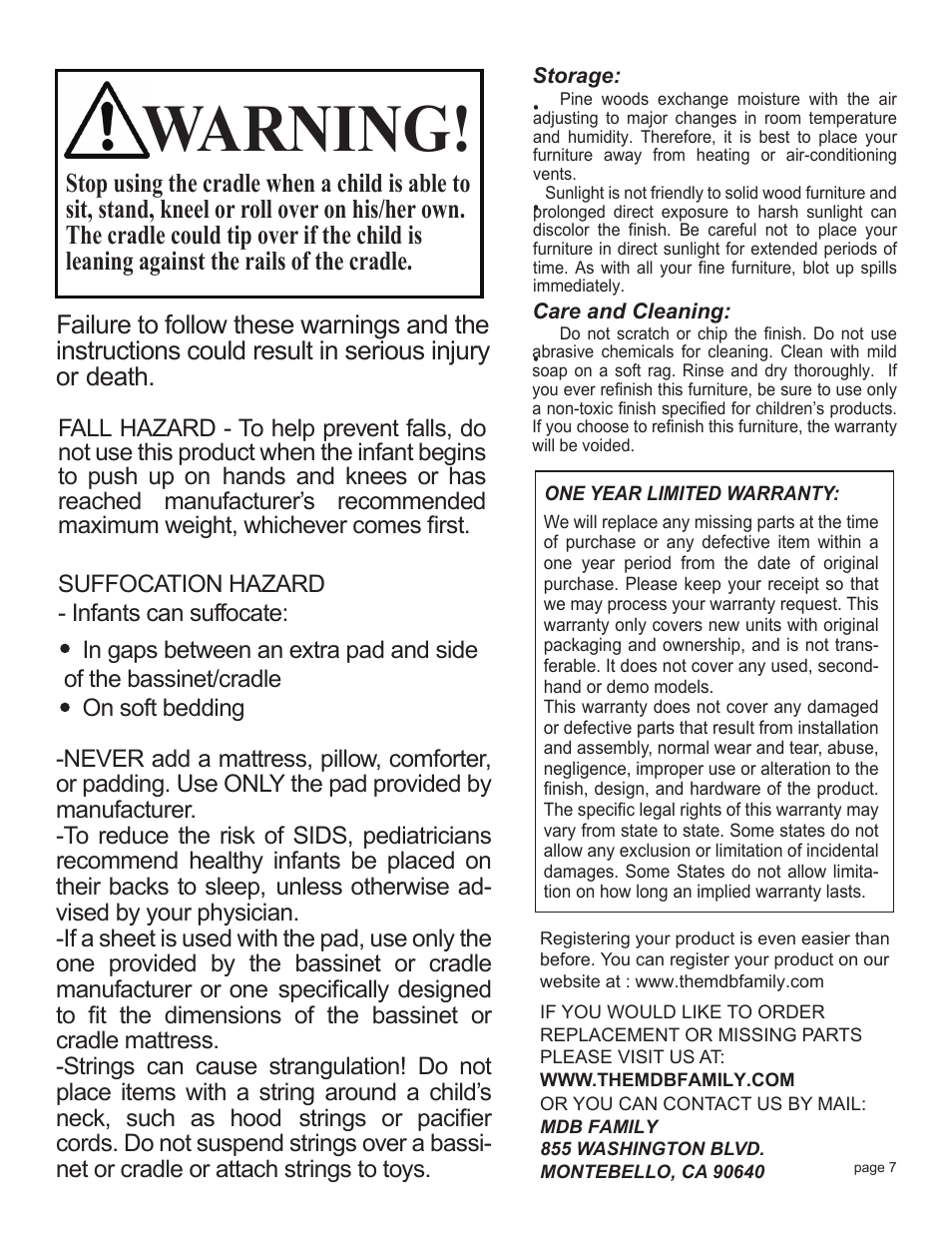 Warning | Babyletto Bowery Bassinet Crib User Manual | Page 7 / 7