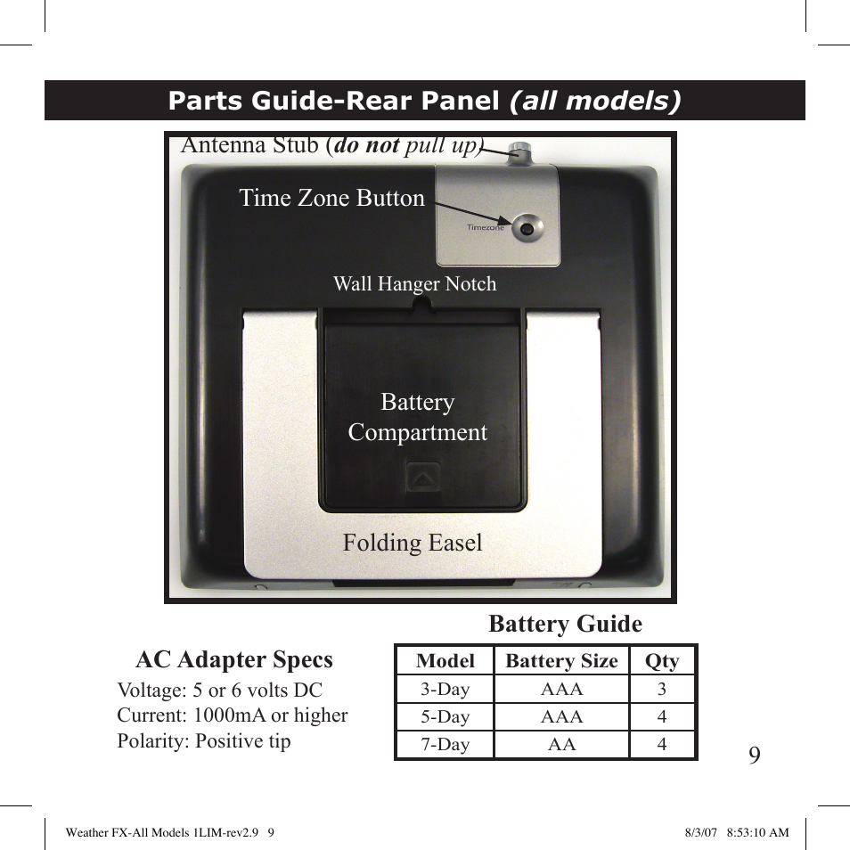 Battery guide time zone button, Antenna stub ( do not pull up) | Bushnell 950007 User Manual | Page 9 / 27