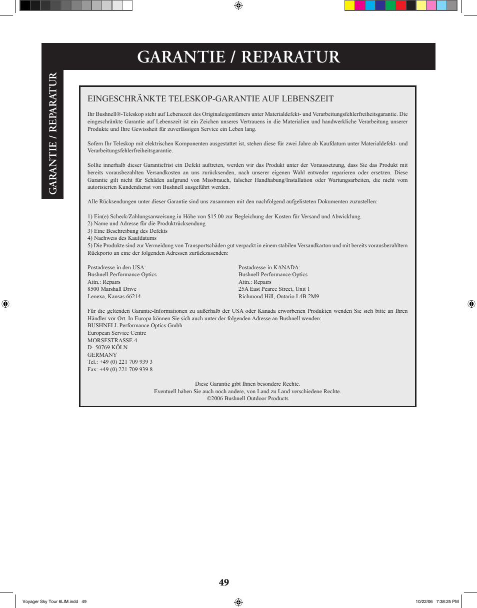 Garantie / reparatur, Ga r an tie / rep a r atur | Bushnell 78-9960 User Manual | Page 49 / 74
