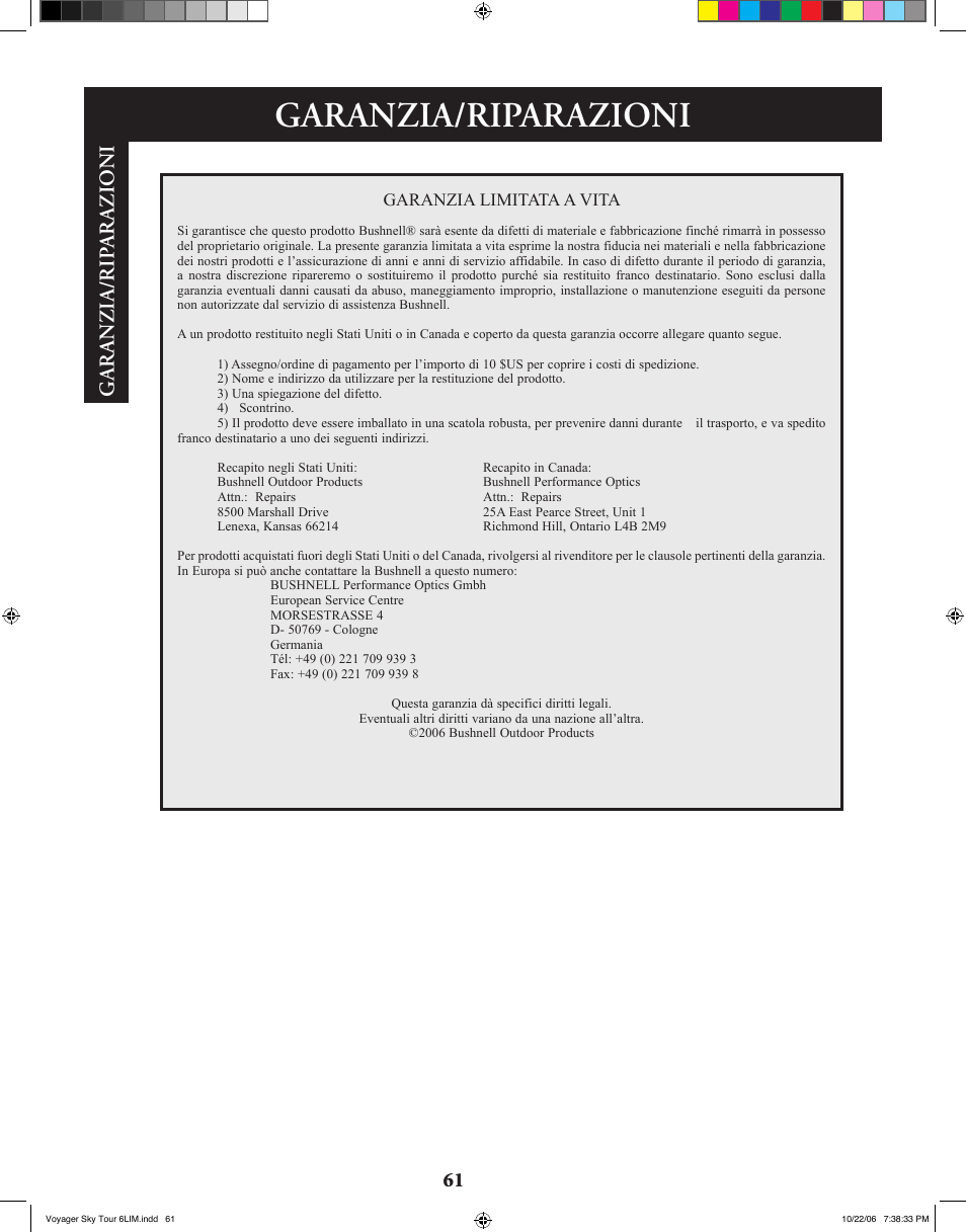 Garanzia/riparazioni, Ga r anz ia/ rip a r az io n i | Bushnell 78-9960 User Manual | Page 61 / 74