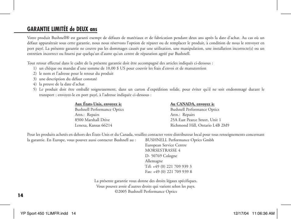 Garantie limitée de deux ans | Bushnell YARDAGE PRO 20-1920 User Manual | Page 16 / 52