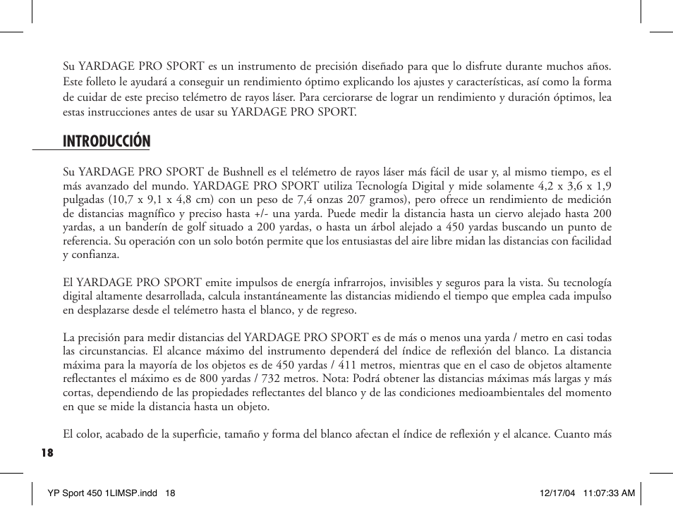 Introducción | Bushnell YARDAGE PRO 20-1920 User Manual | Page 20 / 52