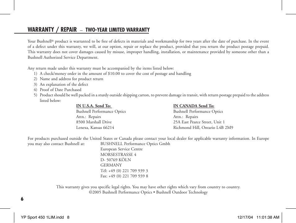 Warranty / repair | Bushnell YARDAGE PRO 20-1920 User Manual | Page 8 / 52