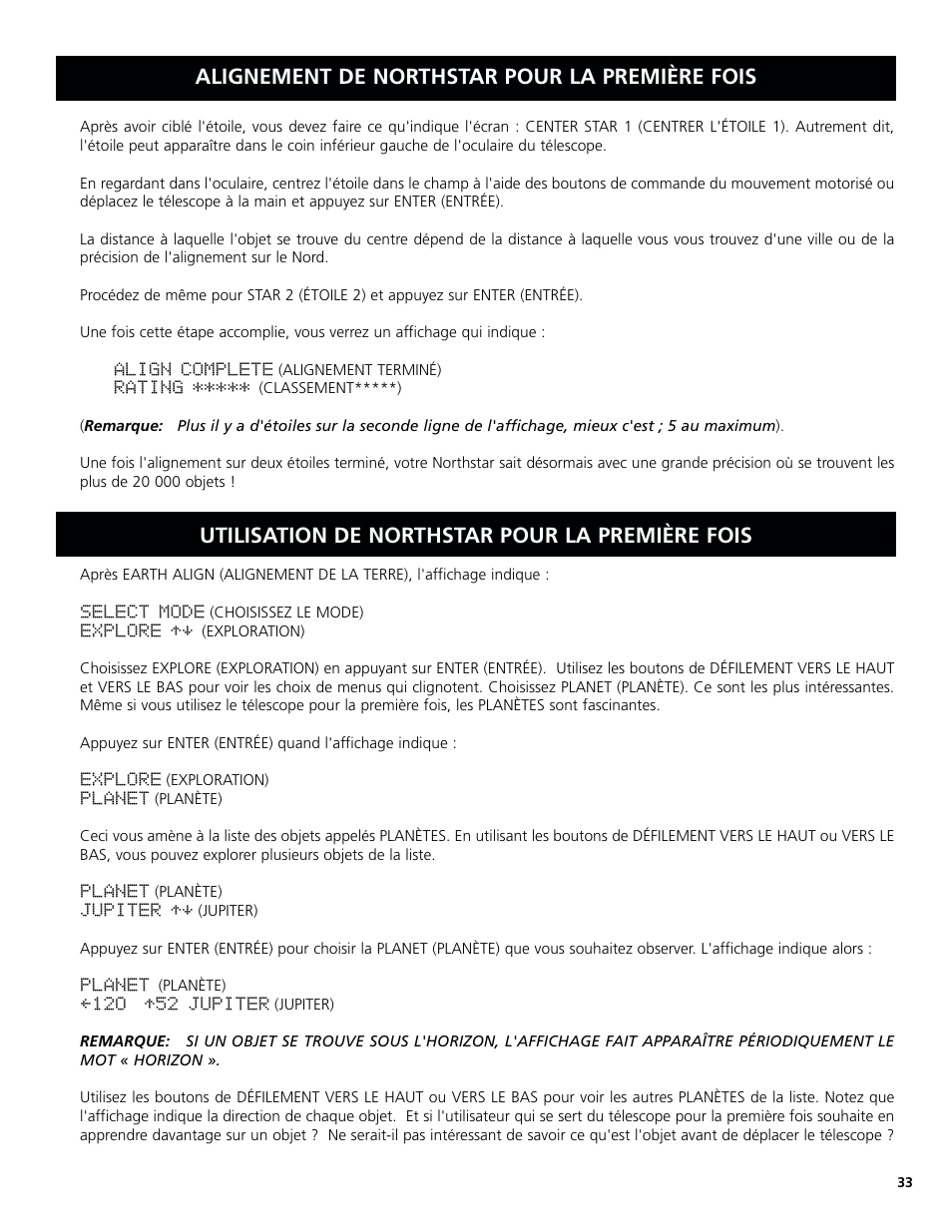 Utilisation de northstar pour la première fois, Alignement de northstar pour la première fois | Bushnell North Star Goto 78-8831 User Manual | Page 33 / 88