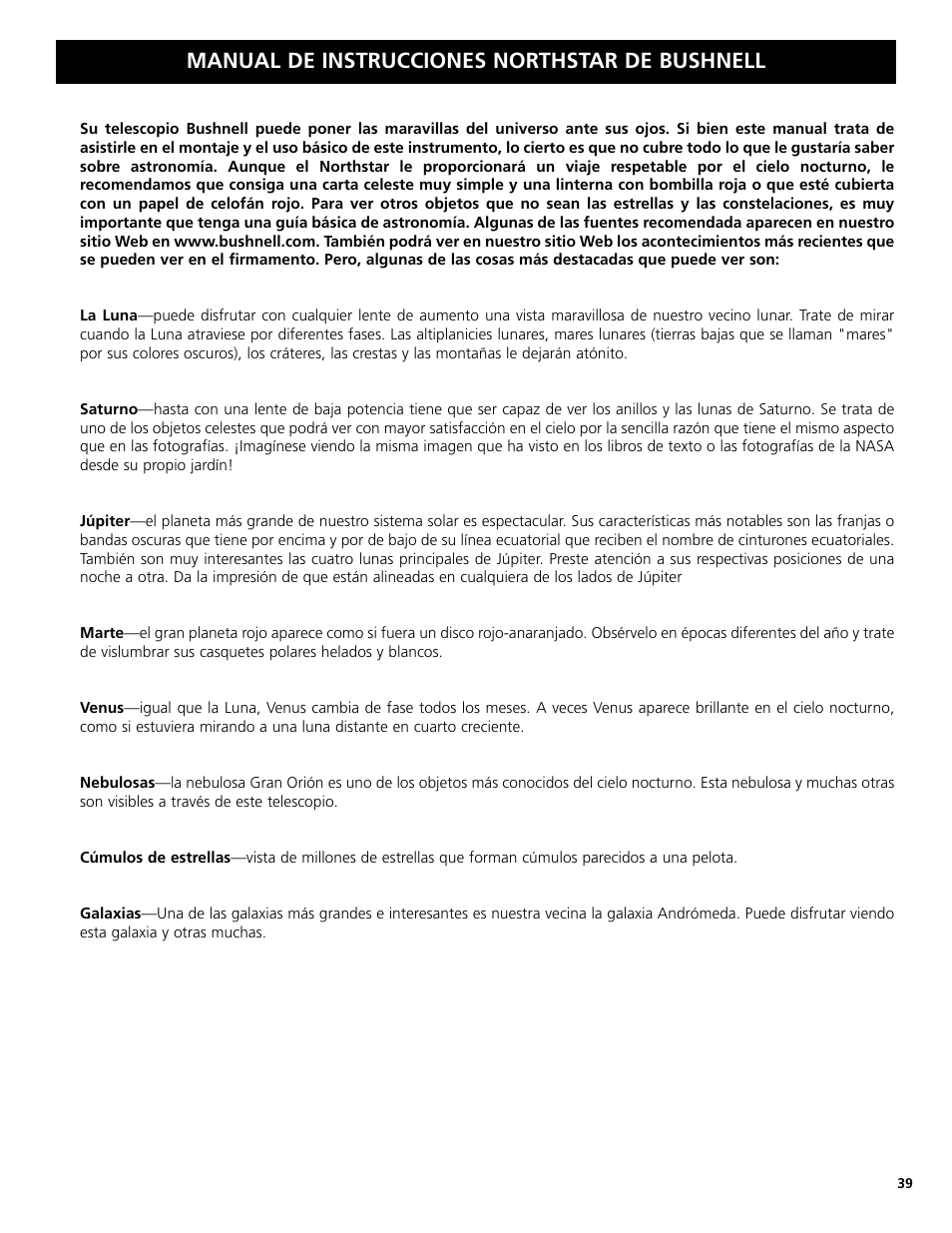 Manual de instrucciones northstar de bushnell | Bushnell North Star Goto 78-8831 User Manual | Page 39 / 88